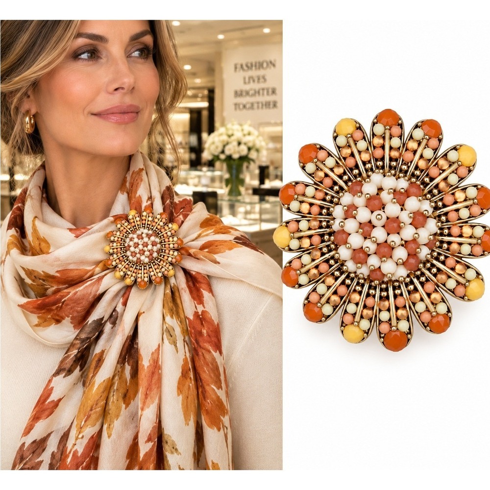 Liz Claiborne Beaded Floral Statement Brooch Gold Tone Orange Cream
